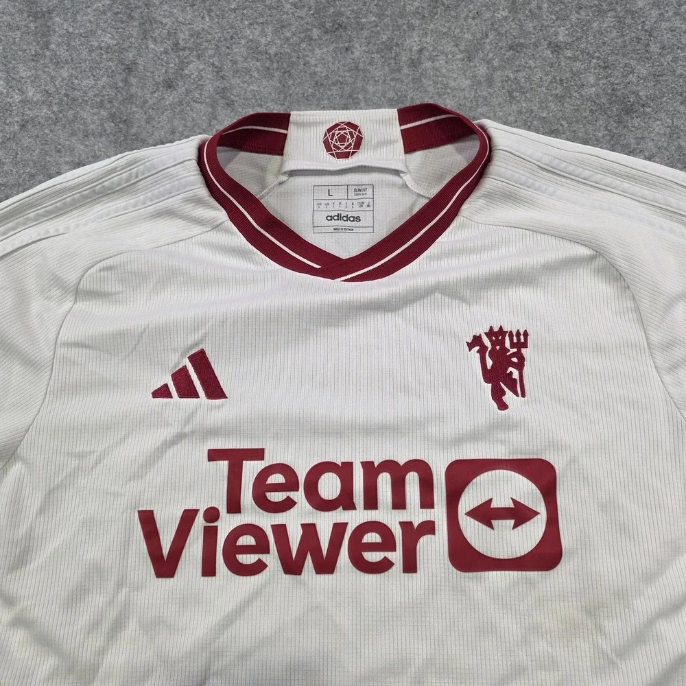 Manchester United‎ Jersey Mens Large White Soccer Adidas Slim Fit